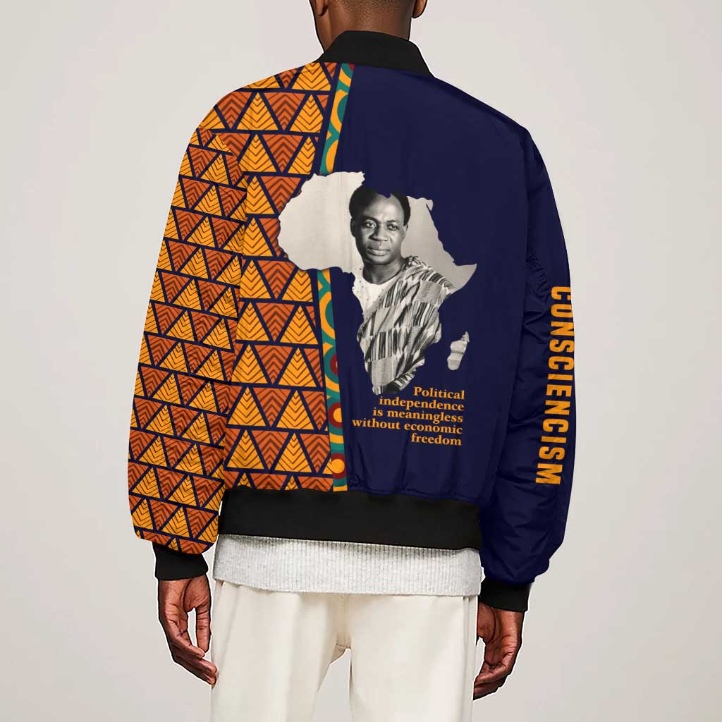 Kwame Nkrumah Ghana Sleeve Zip Bomber Jacket African Map Pattern Design and Economic Freedom Quote Tribute - Wonder Print Shop