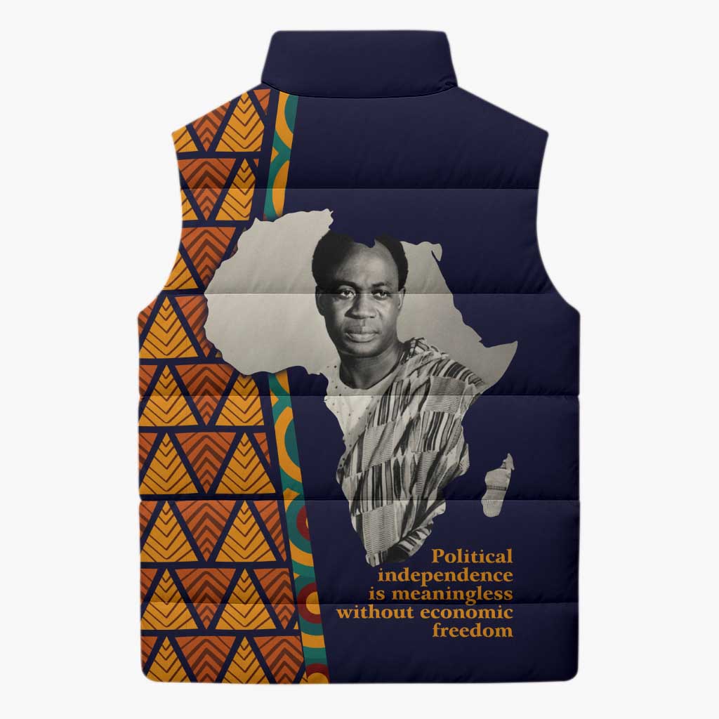 Kwame Nkrumah Ghana Sleeveless Puffer Jacket African Map Pattern Design and Economic Freedom Quote Tribute - Wonder Print Shop