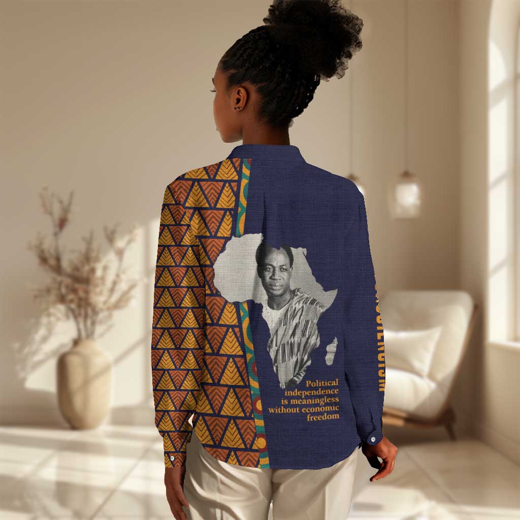 Kwame Nkrumah Ghana Women Casual Shirt African Map Pattern Design and Economic Freedom Quote Tribute - Wonder Print Shop