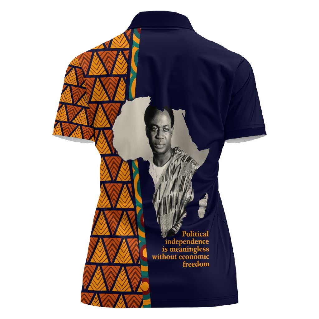 Kwame Nkrumah Ghana Women Polo Shirt African Map Pattern Design and Economic Freedom Quote Tribute - Wonder Print Shop