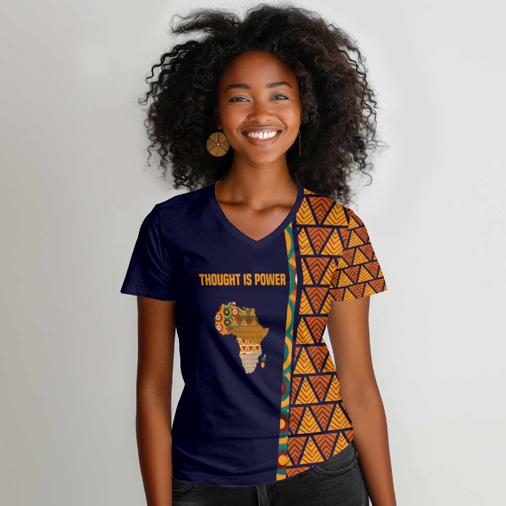 Kwame Nkrumah Ghana Women V-Neck T-Shirt African Map Pattern Design and Economic Freedom Quote Tribute - Wonder Print Shop