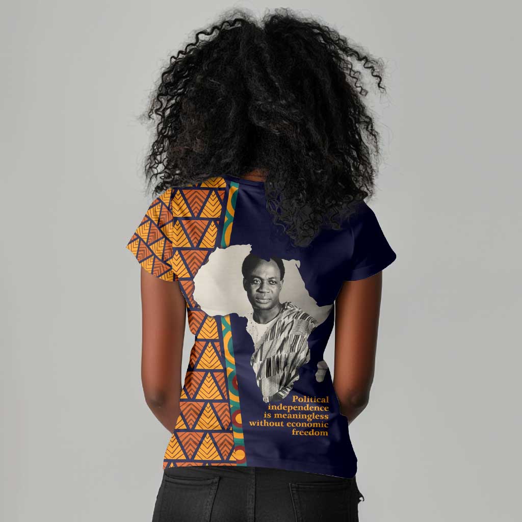 Kwame Nkrumah Ghana Women V-Neck T-Shirt African Map Pattern Design and Economic Freedom Quote Tribute - Wonder Print Shop