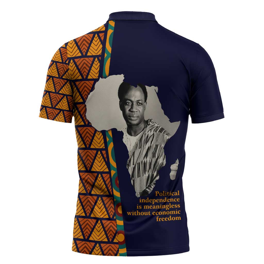 Kwame Nkrumah Ghana Zipper Polo Shirt African Map Pattern Design and Economic Freedom Quote Tribute - Wonder Print Shop