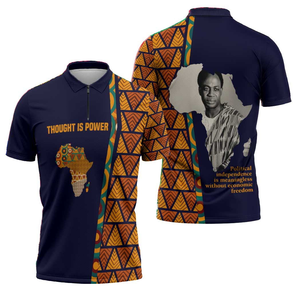 Kwame Nkrumah Ghana Zipper Polo Shirt African Map Pattern Design and Economic Freedom Quote Tribute - Wonder Print Shop