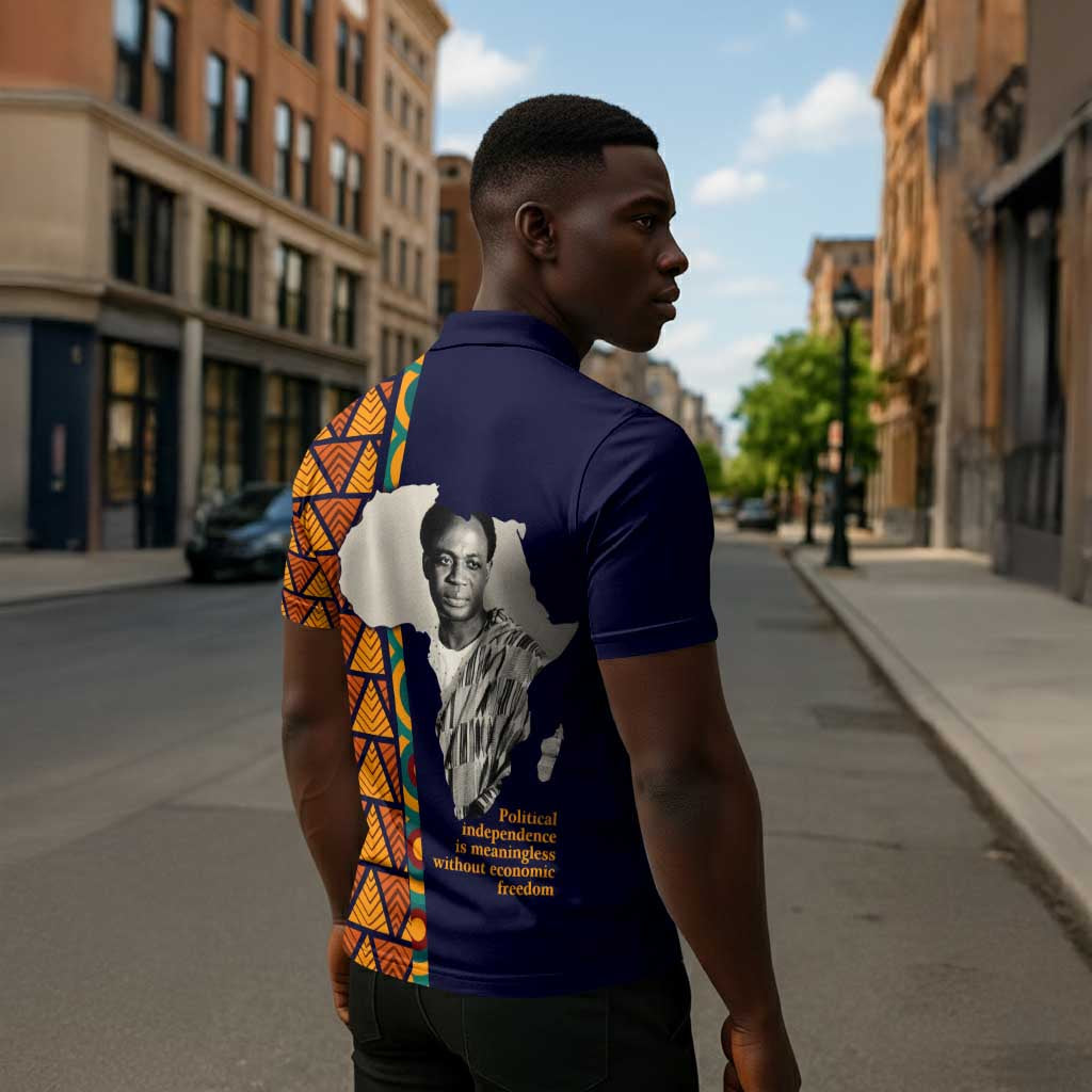 Kwame Nkrumah Ghana Zipper Polo Shirt African Map Pattern Design and Economic Freedom Quote Tribute - Wonder Print Shop