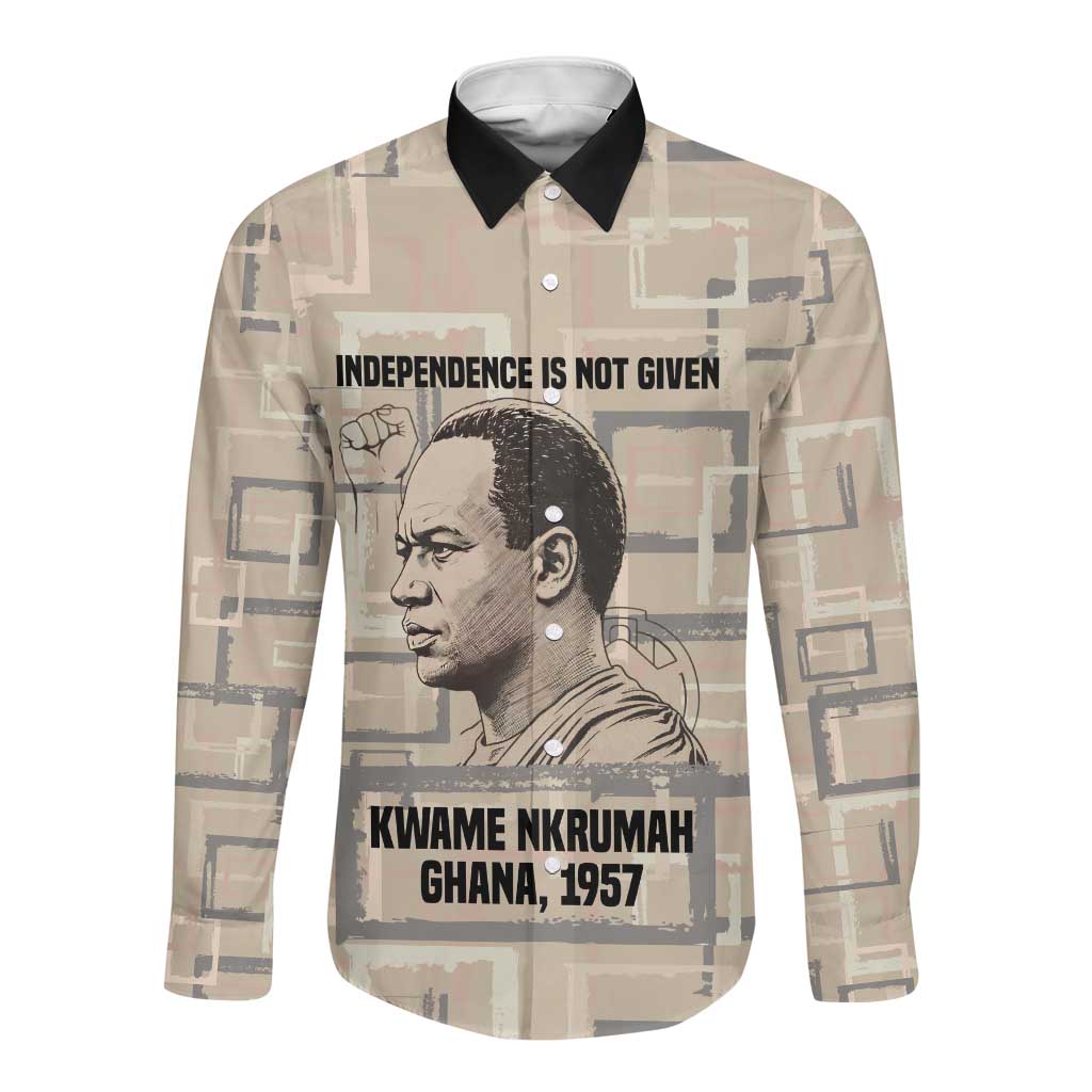 Kwame Nkrumah Long Sleeve Button Shirt with Raised Fist Design and Independence Quote Ghana 1957 Tribute - Wonder Print Shop