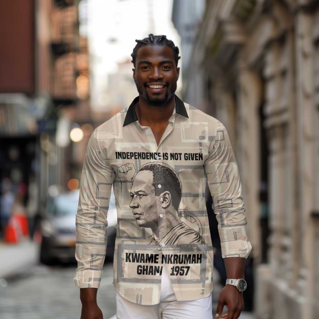 Kwame Nkrumah Long Sleeve Button Shirt with Raised Fist Design and Independence Quote Ghana 1957 Tribute - Wonder Print Shop