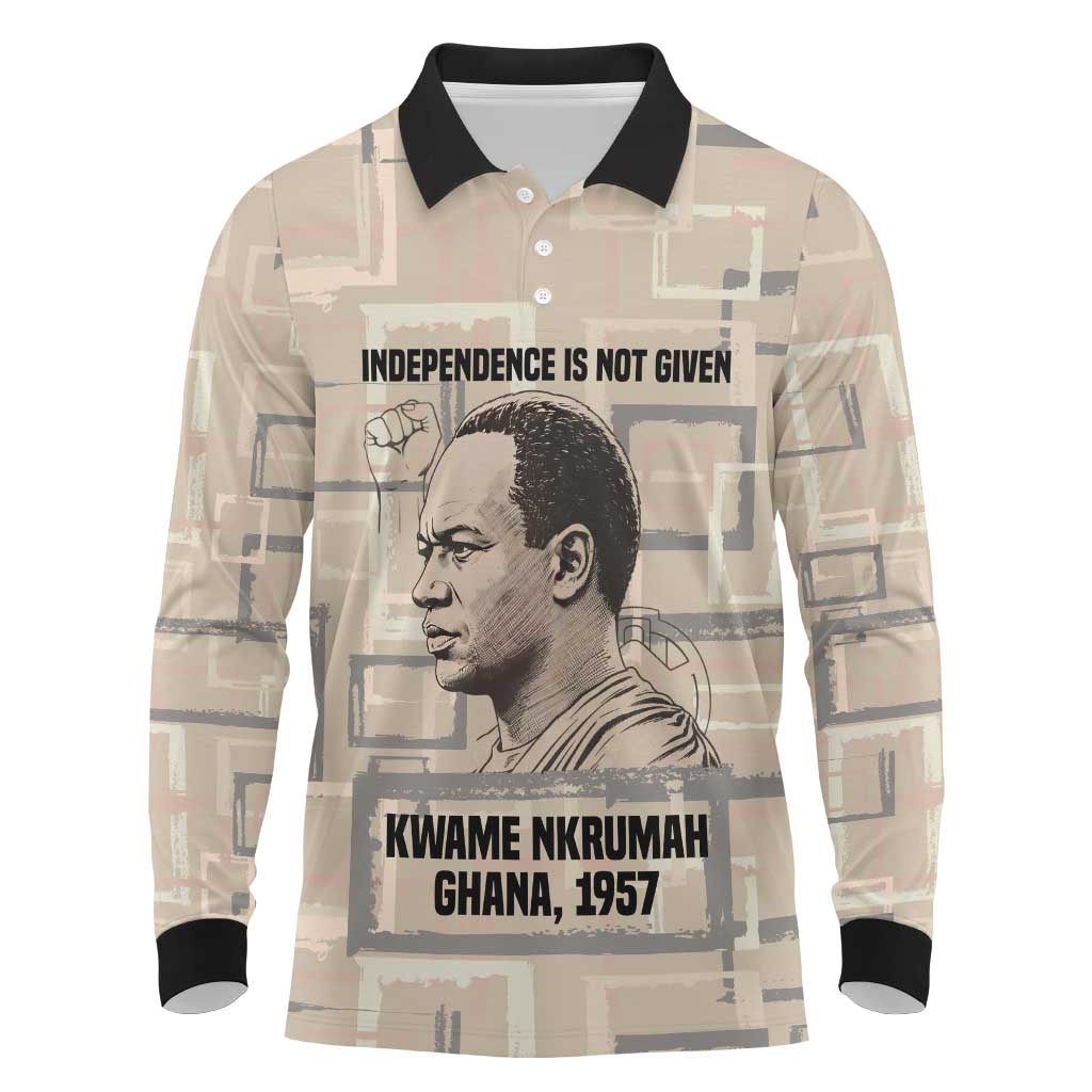 Kwame Nkrumah Long Sleeve Polo Shirt with Raised Fist Design and Independence Quote Ghana 1957 Tribute - Wonder Print Shop