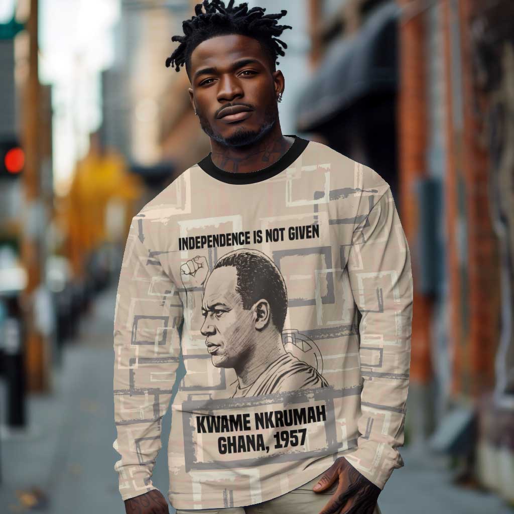Kwame Nkrumah Long Sleeve Shirt with Raised Fist Design and Independence Quote Ghana 1957 Tribute - Wonder Print Shop