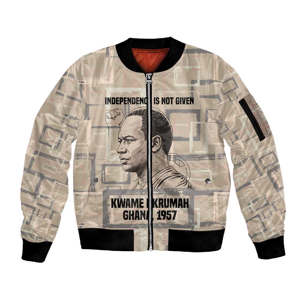 Kwame Nkrumah Sleeve Zip Bomber Jacket with Raised Fist Design and Independence Quote Ghana 1957 Tribute - Wonder Print Shop