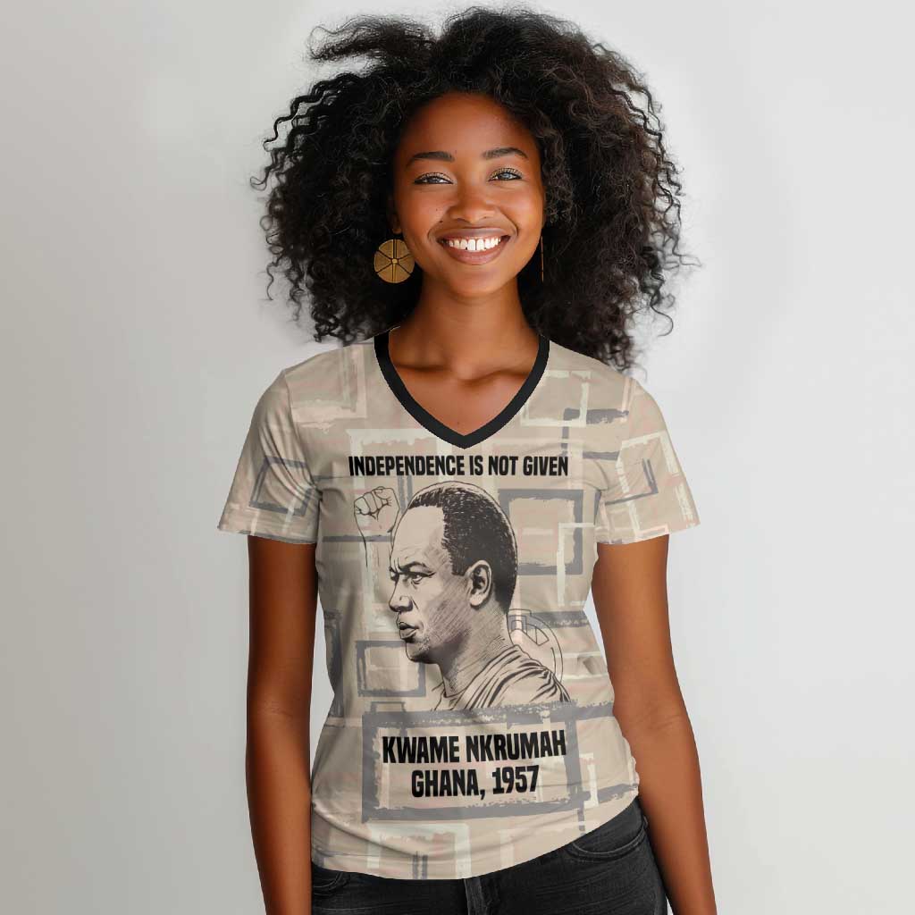 Kwame Nkrumah Women V-Neck T-Shirt with Raised Fist Design and Independence Quote Ghana 1957 Tribute - Wonder Print Shop