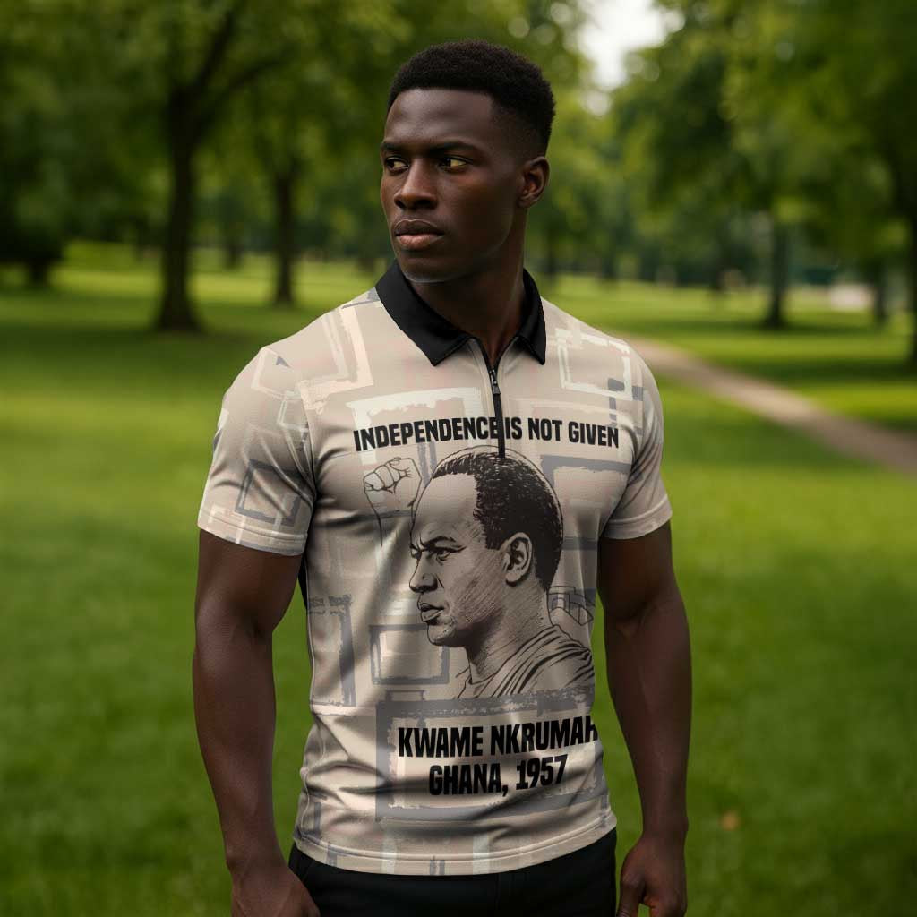 Kwame Nkrumah Zipper Polo Shirt with Raised Fist Design and Independence Quote Ghana 1957 Tribute - Wonder Print Shop