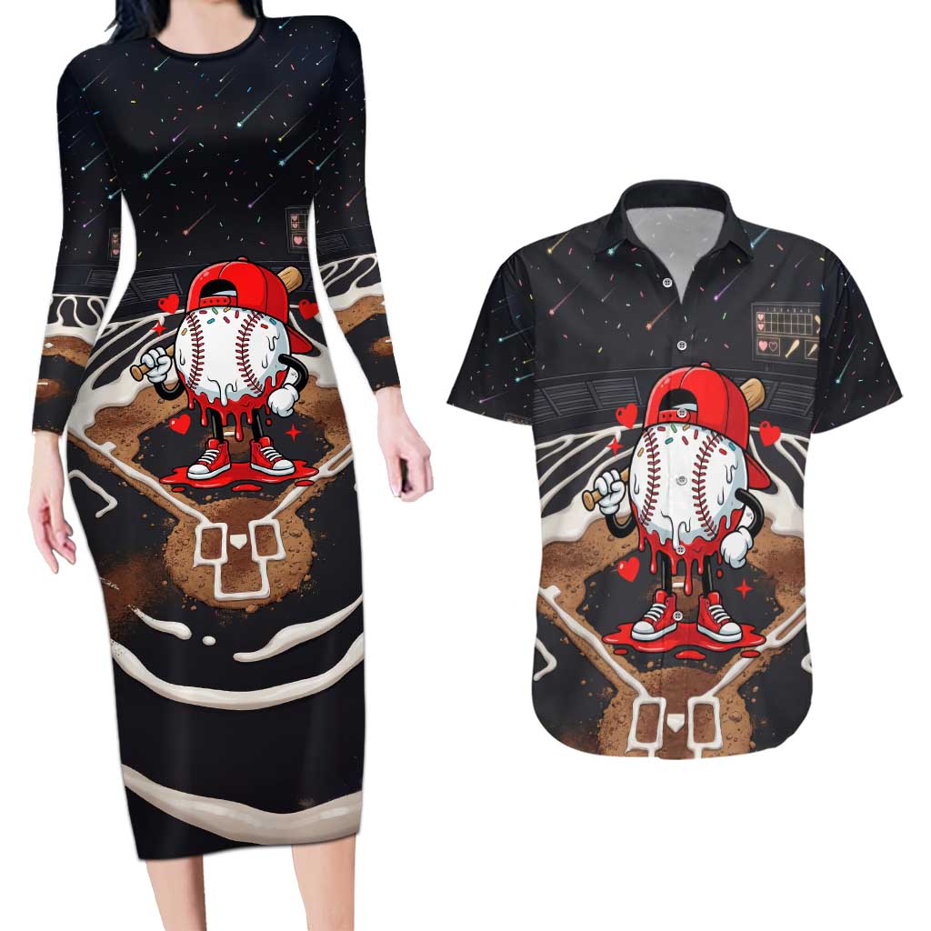 Baseball Drip Icecream Couples Matching Long Sleeve Bodycon Dress and Hawaiian Shirt Boy Valentine Day Melting Cream Pattern