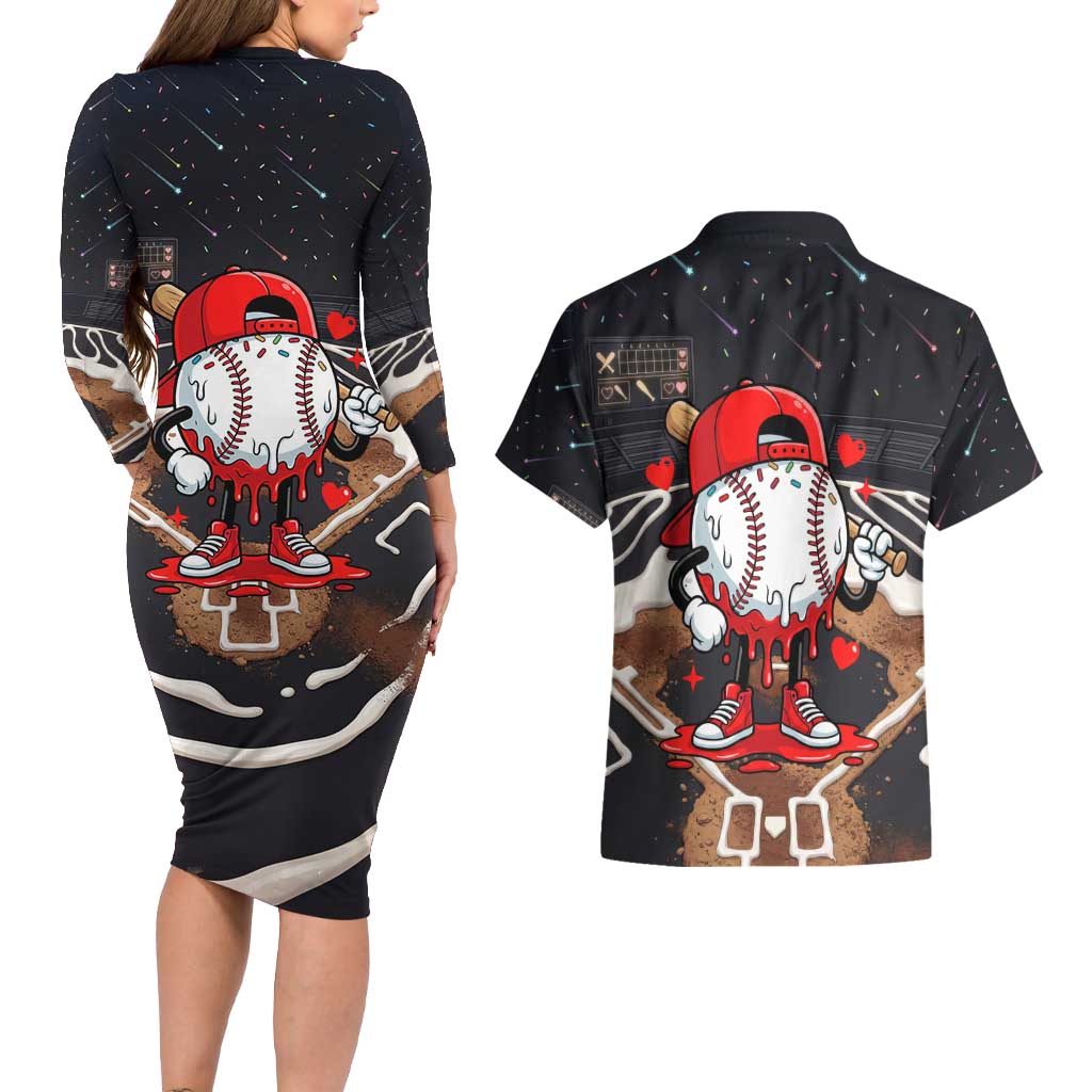 Baseball Drip Icecream Couples Matching Long Sleeve Bodycon Dress and Hawaiian Shirt Boy Valentine Day Melting Cream Pattern