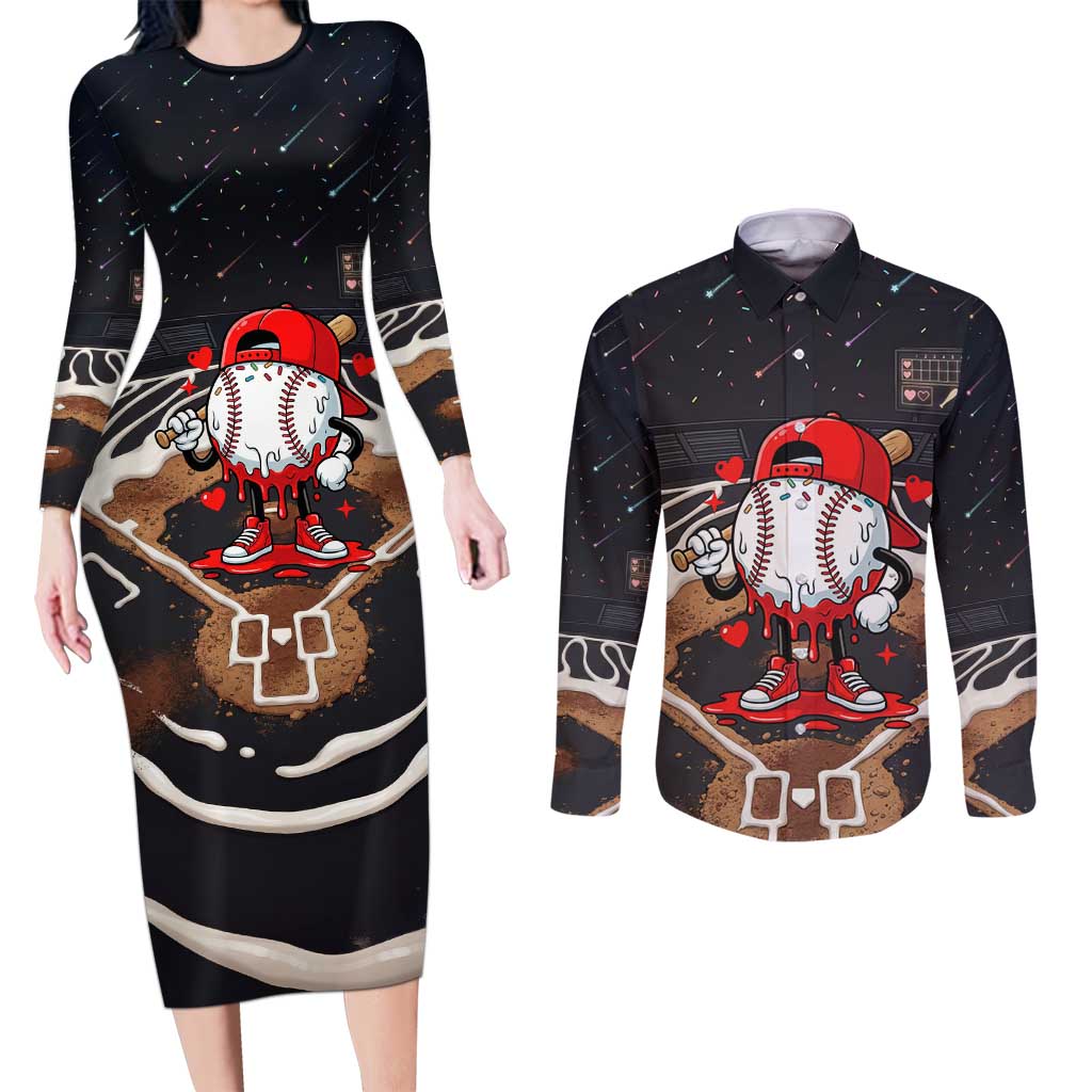 Baseball Drip Icecream Couples Matching Long Sleeve Bodycon Dress and Long Sleeve Button Shirt Boy Valentine Day Melting Cream Pattern