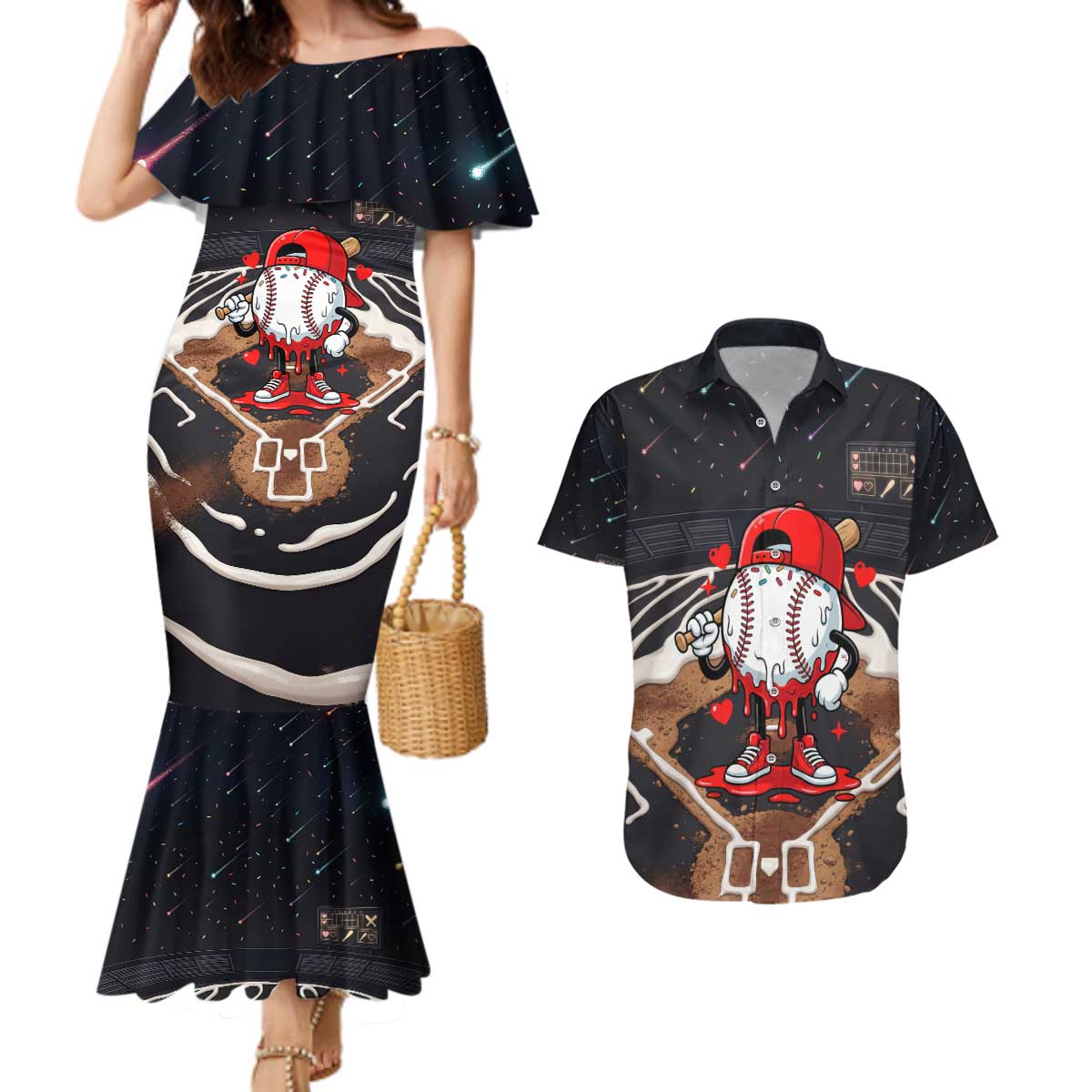 Baseball Drip Icecream Couples Matching Mermaid Dress and Hawaiian Shirt Boy Valentine Day Melting Cream Pattern