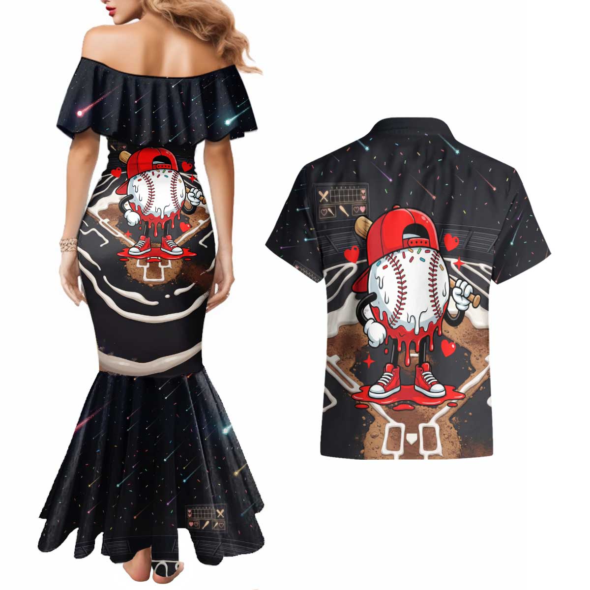 Baseball Drip Icecream Couples Matching Mermaid Dress and Hawaiian Shirt Boy Valentine Day Melting Cream Pattern