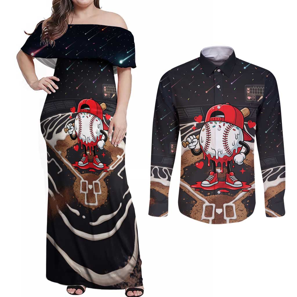 Baseball Drip Icecream Couples Matching Off Shoulder Maxi Dress and Long Sleeve Button Shirt Boy Valentine Day Melting Cream Pattern
