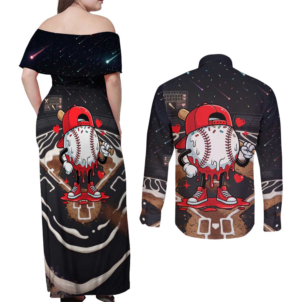 Baseball Drip Icecream Couples Matching Off Shoulder Maxi Dress and Long Sleeve Button Shirt Boy Valentine Day Melting Cream Pattern