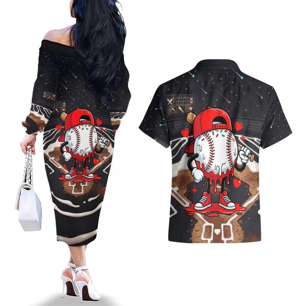 Baseball Drip Icecream Couples Matching Off The Shoulder Long Sleeve Dress and Hawaiian Shirt Boy Valentine Day Melting Cream Pattern
