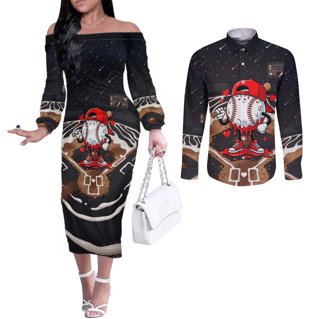 Baseball Drip Icecream Couples Matching Off The Shoulder Long Sleeve Dress and Long Sleeve Button Shirt Boy Valentine Day Melting Cream Pattern