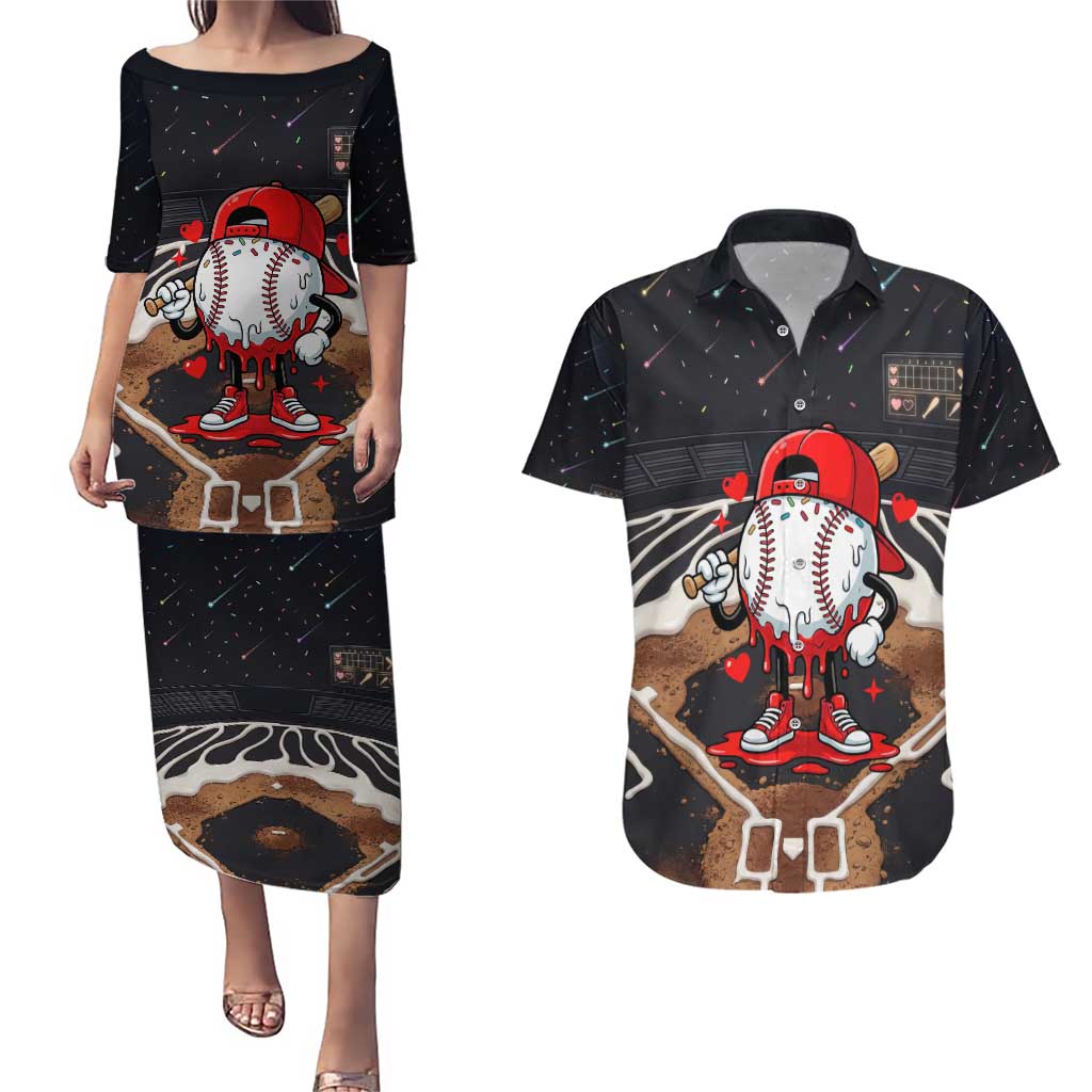 Baseball Drip Icecream Couples Matching Puletasi and Hawaiian Shirt Boy Valentine Day Melting Cream Pattern