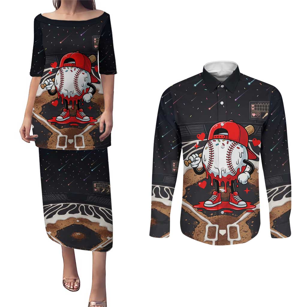 Baseball Drip Icecream Couples Matching Puletasi and Long Sleeve Button Shirt Boy Valentine Day Melting Cream Pattern