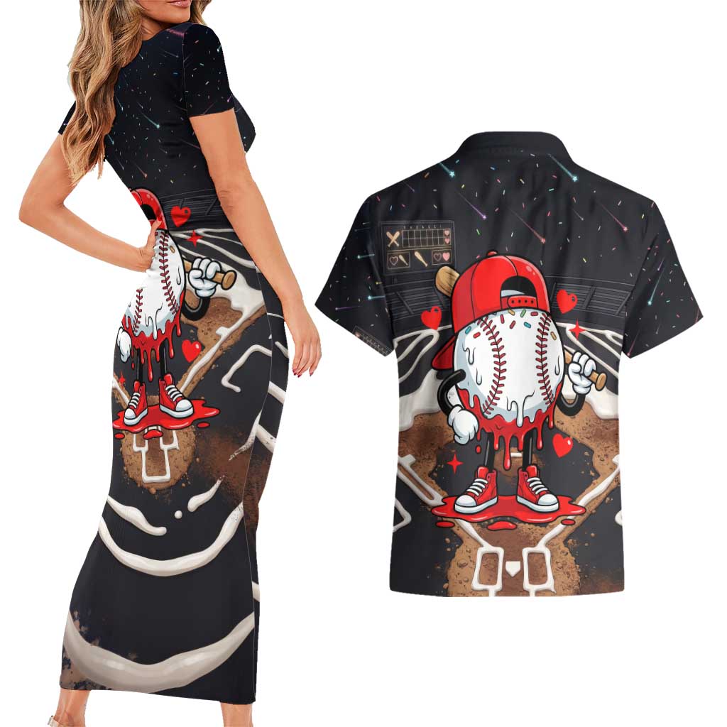 Baseball Drip Icecream Couples Matching Short Sleeve Bodycon Dress and Hawaiian Shirt Boy Valentine Day Melting Cream Pattern