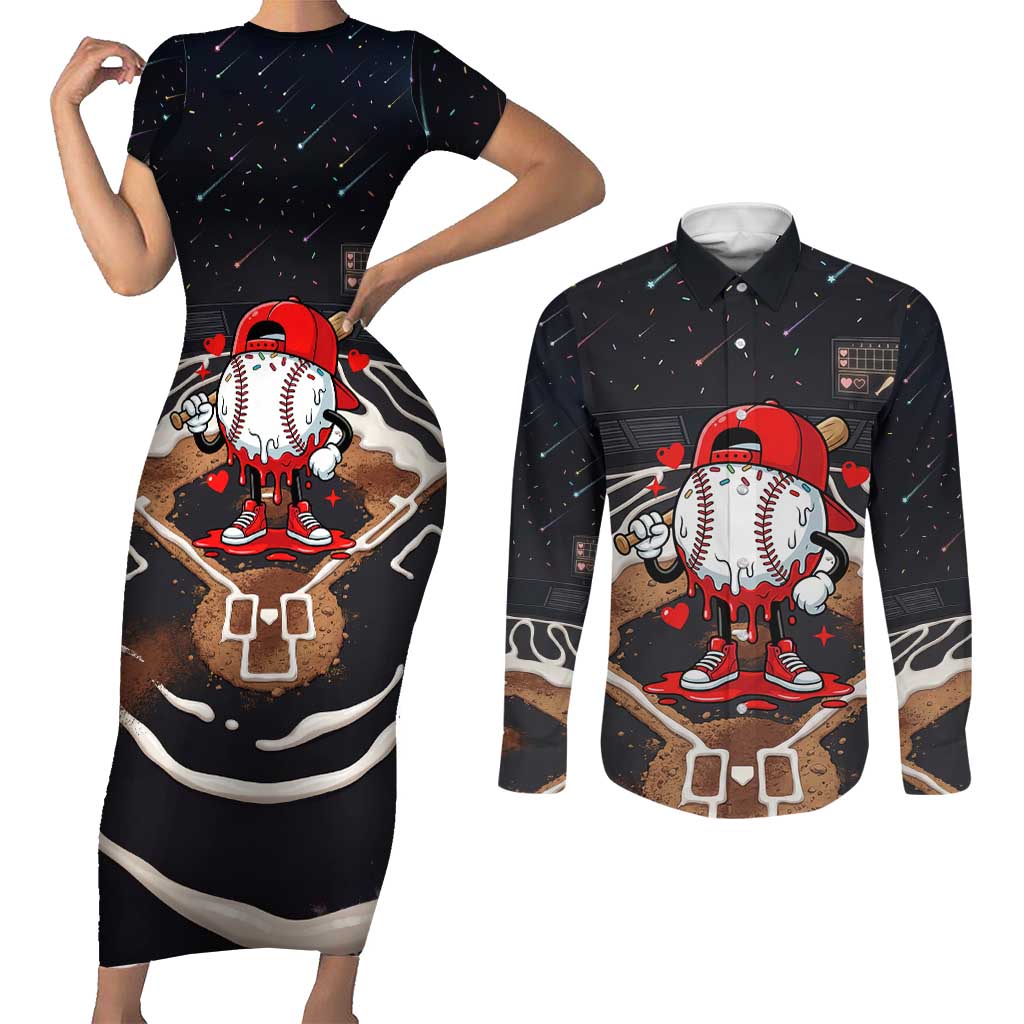 Baseball Drip Icecream Couples Matching Short Sleeve Bodycon Dress and Long Sleeve Button Shirt Boy Valentine Day Melting Cream Pattern