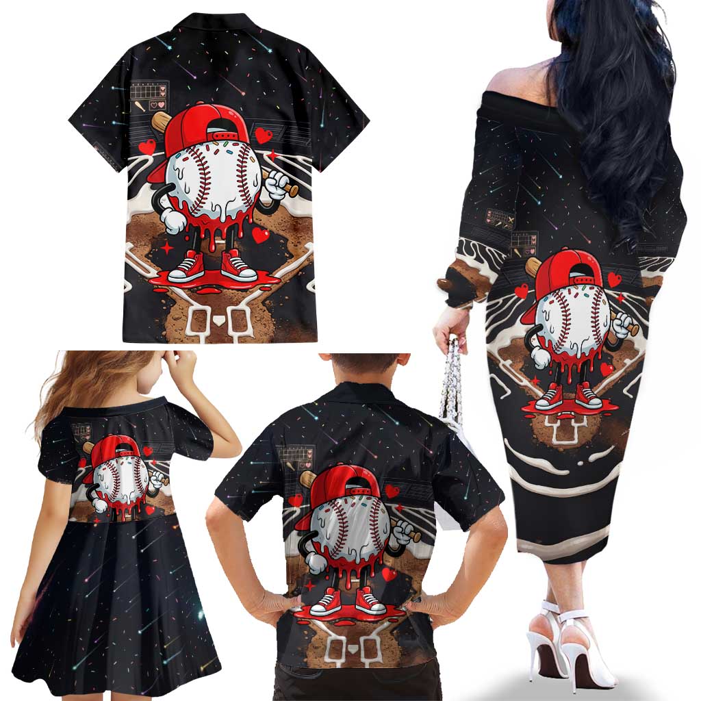 Baseball Drip Icecream Family Matching Off The Shoulder Long Sleeve Dress and Hawaiian Shirt Boy Valentine Day Melting Cream Pattern