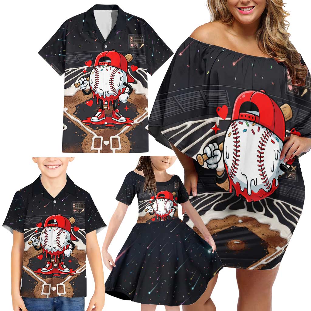 Baseball Drip Icecream Family Matching Off Shoulder Short Dress and Hawaiian Shirt Boy Valentine Day Melting Cream Pattern