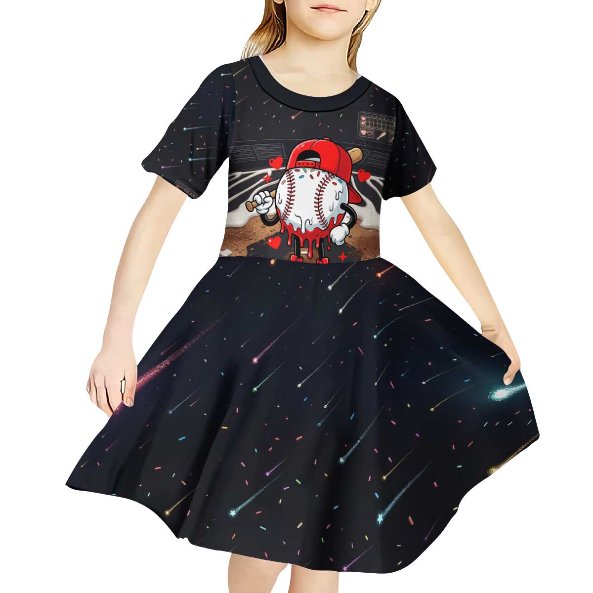 Baseball Drip Icecream Kid Short Sleeve Dress Boy Valentine Day Melting Cream Pattern