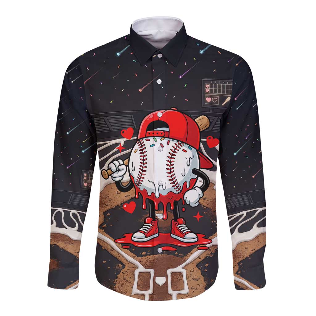 Baseball Drip Icecream Long Sleeve Button Shirt Boy Valentine Day Melting Cream Pattern
