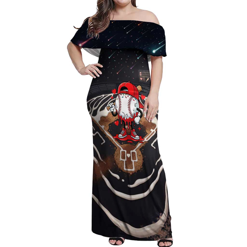 Baseball Drip Icecream Off Shoulder Maxi Dress Boy Valentine Day Melting Cream Pattern