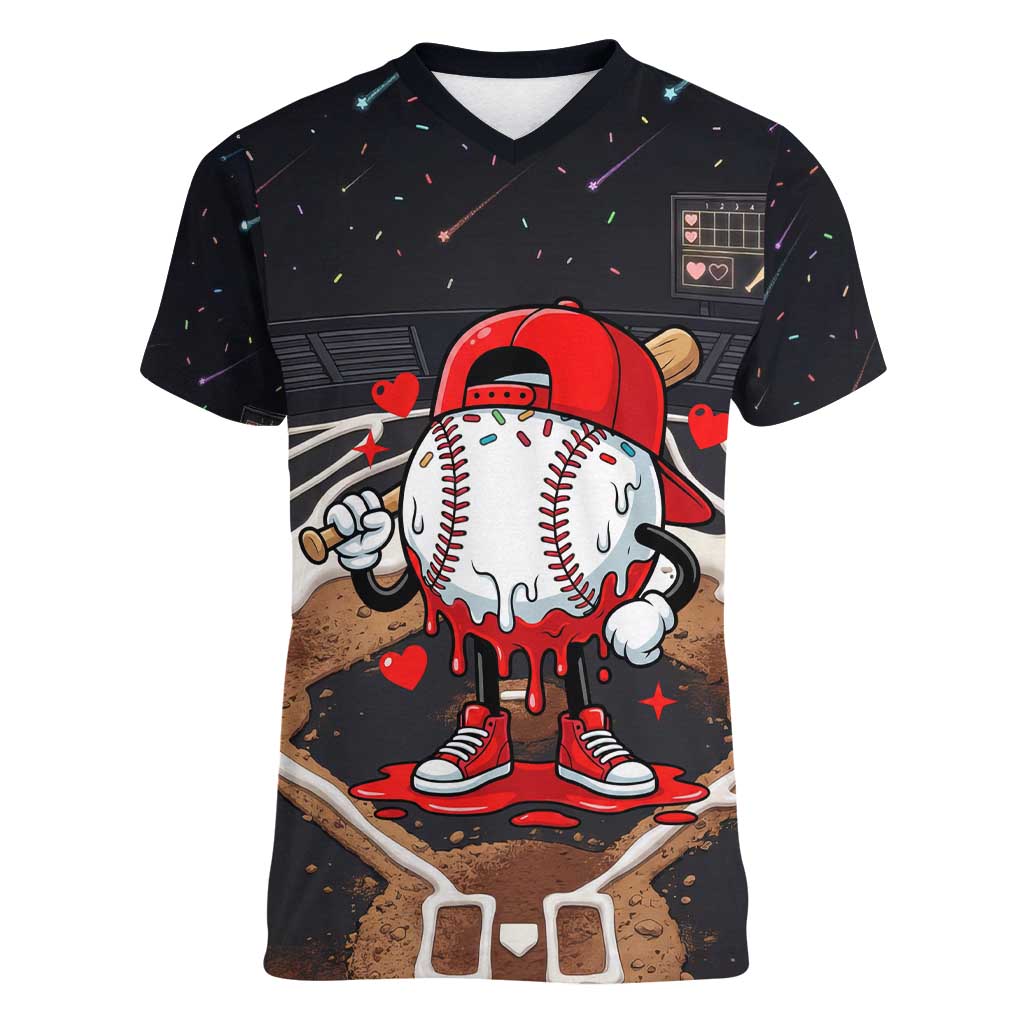 Baseball Drip Icecream Women V-Neck T-Shirt Boy Valentine Day Melting Cream Pattern