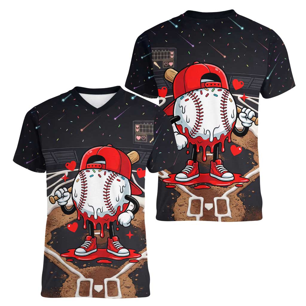 Baseball Drip Icecream Women V-Neck T-Shirt Boy Valentine Day Melting Cream Pattern