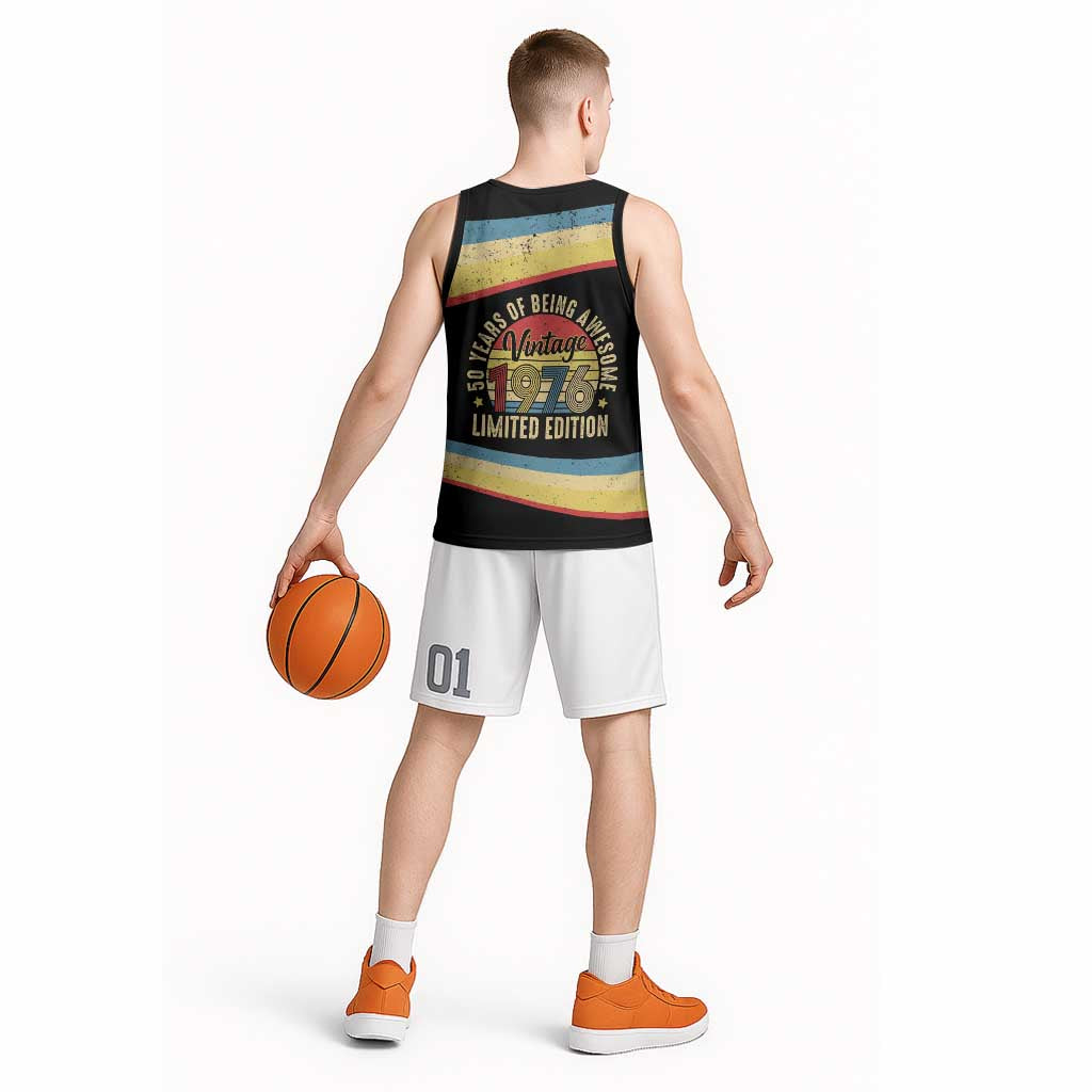 Vintage 1976 Birthday Celebration Basketball Jersey 50th Birthday for Him - Retro Distressed Stripe Pattern