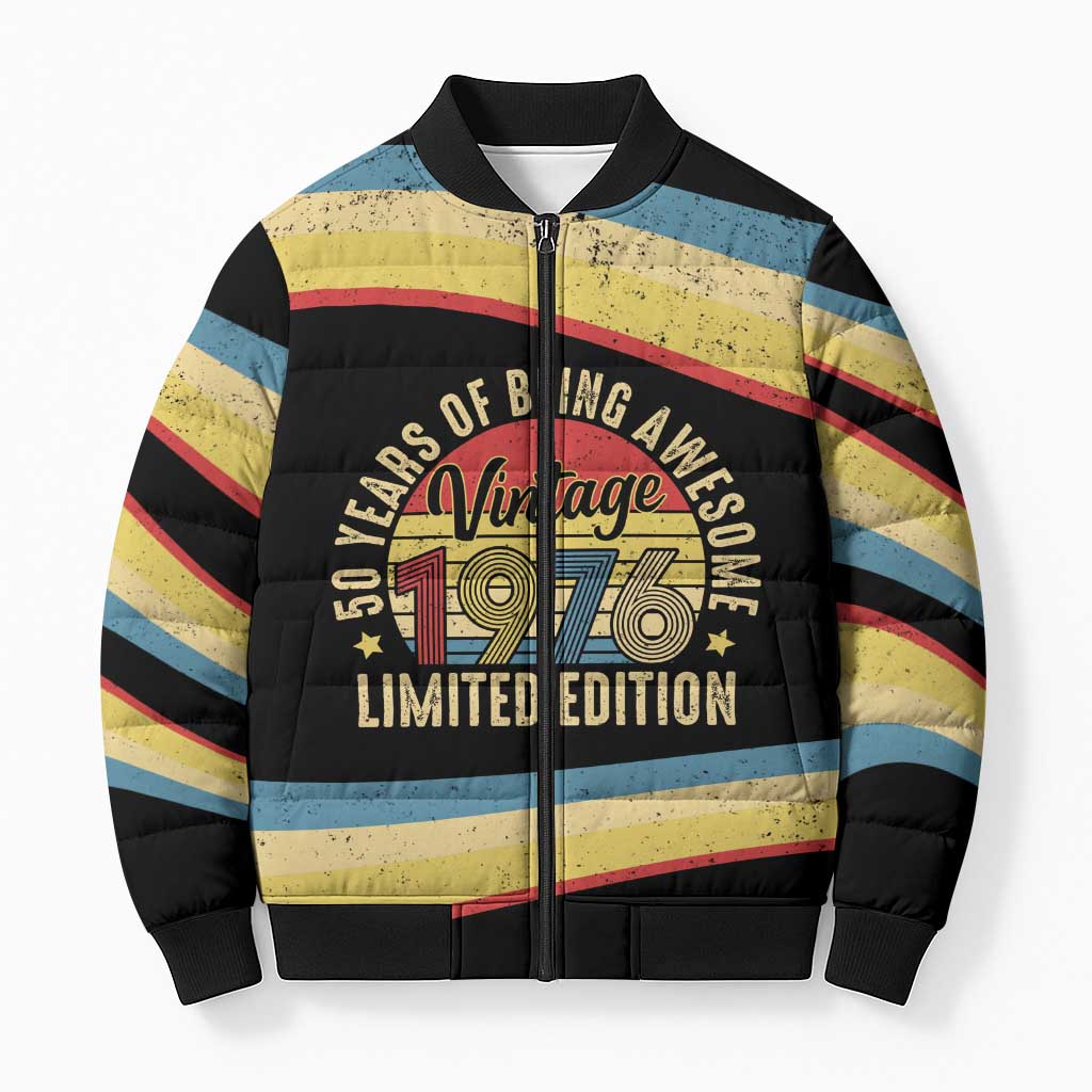 Vintage 1976 Birthday Celebration Bomber Puffer Jacket 50th Birthday for Him - Retro Distressed Stripe Pattern