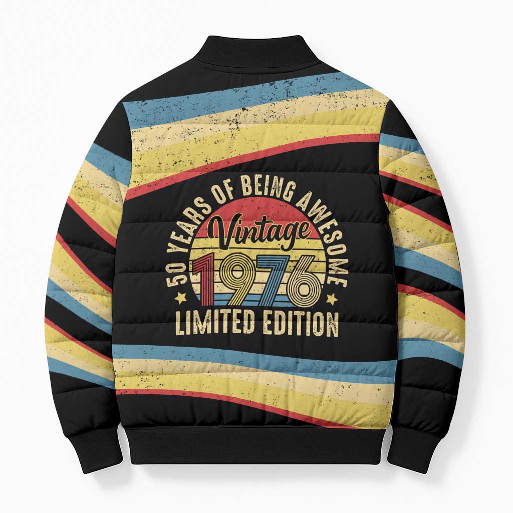 Vintage 1976 Birthday Celebration Bomber Puffer Jacket 50th Birthday for Him - Retro Distressed Stripe Pattern