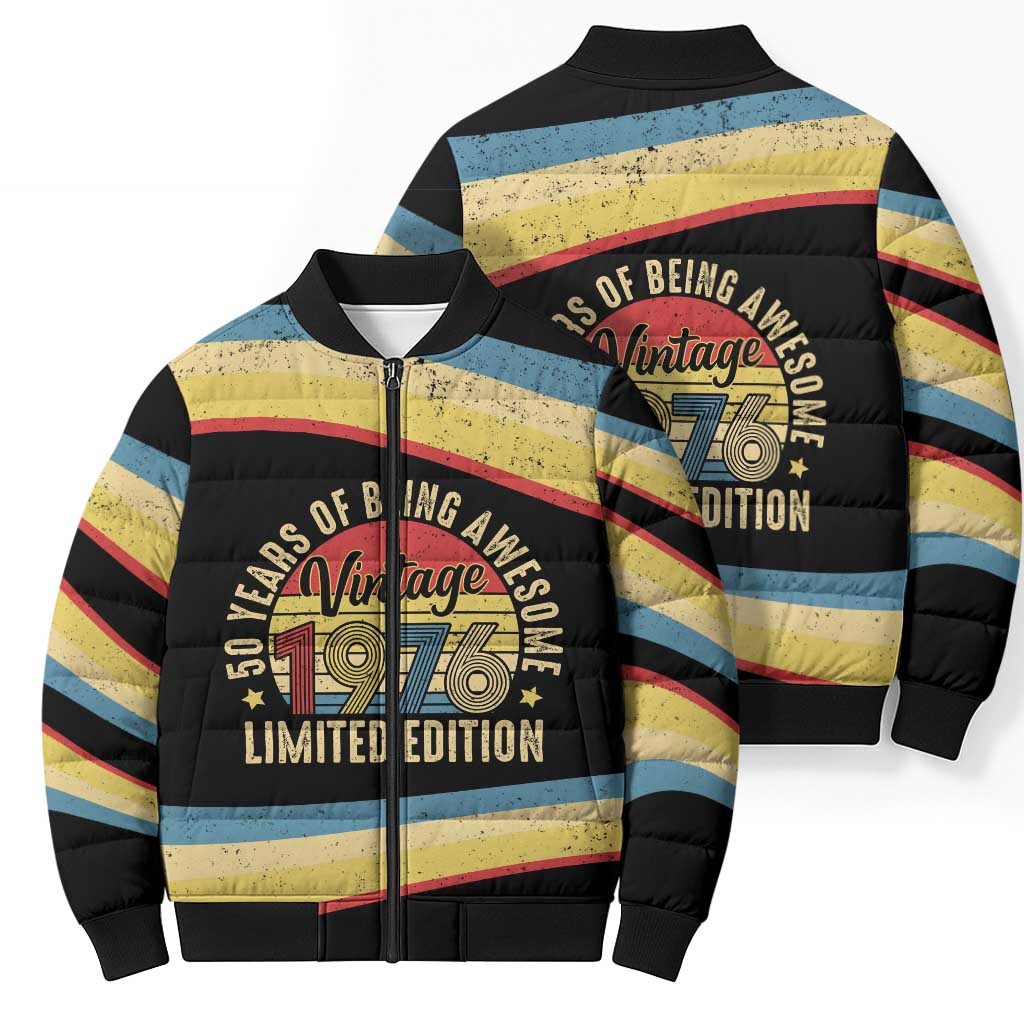 Vintage 1976 Birthday Celebration Bomber Puffer Jacket 50th Birthday for Him - Retro Distressed Stripe Pattern