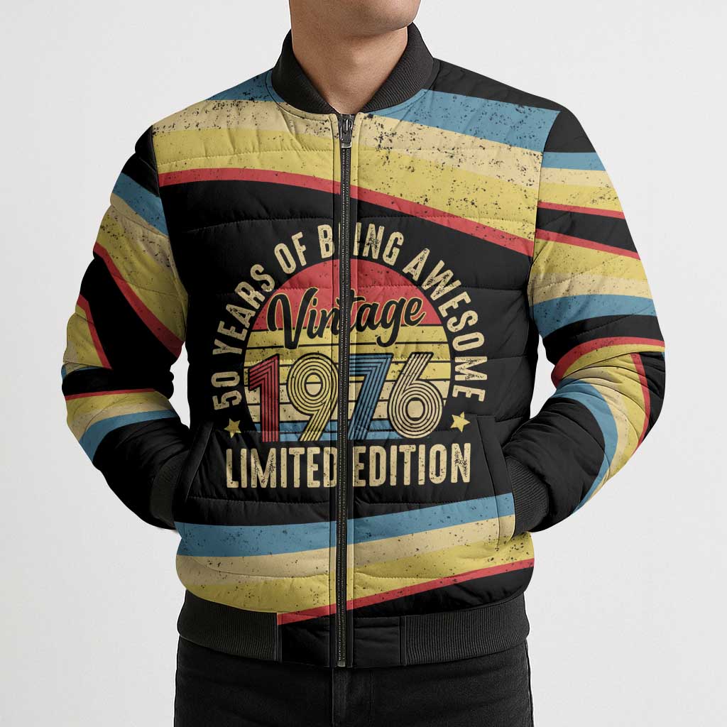 Vintage 1976 Birthday Celebration Bomber Puffer Jacket 50th Birthday for Him - Retro Distressed Stripe Pattern