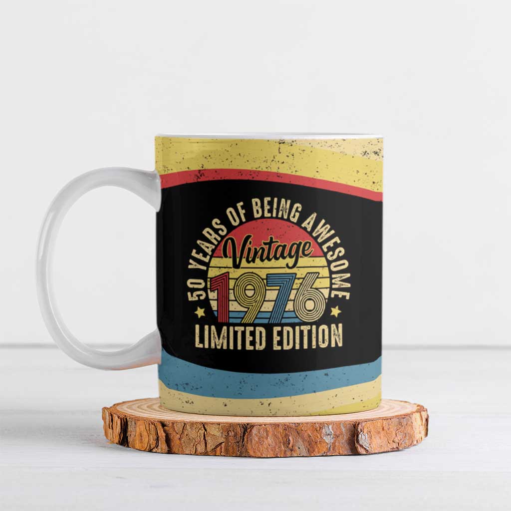 Vintage 1976 Birthday Celebration Ceramic Mug 50th Birthday for Him - Retro Distressed Stripe Pattern