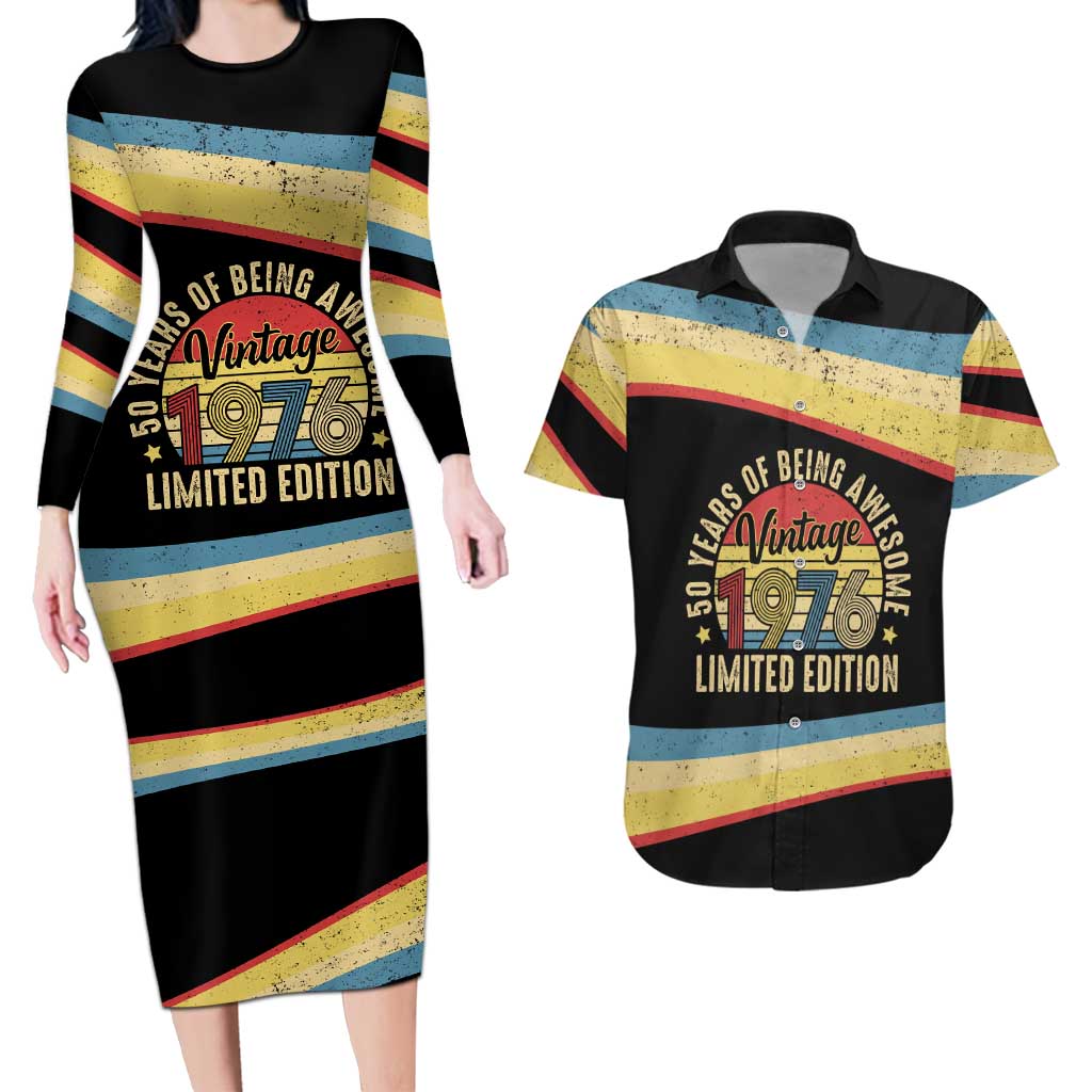 Vintage 1976 Birthday Celebration Couples Matching Long Sleeve Bodycon Dress and Hawaiian Shirt 50th Birthday for Him - Retro Distressed Stripe Pattern