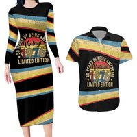 Vintage 1976 Birthday Celebration Couples Matching Long Sleeve Bodycon Dress and Hawaiian Shirt 50th Birthday for Him - Retro Distressed Stripe Pattern