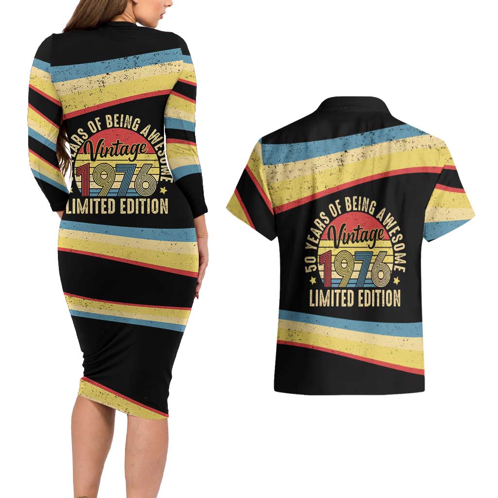 Vintage 1976 Birthday Celebration Couples Matching Long Sleeve Bodycon Dress and Hawaiian Shirt 50th Birthday for Him - Retro Distressed Stripe Pattern