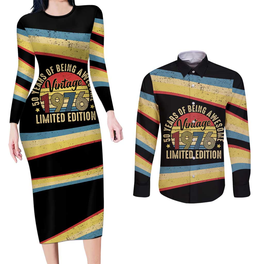Vintage 1976 Birthday Celebration Couples Matching Long Sleeve Bodycon Dress and Long Sleeve Button Shirt 50th Birthday for Him - Retro Distressed Stripe Pattern