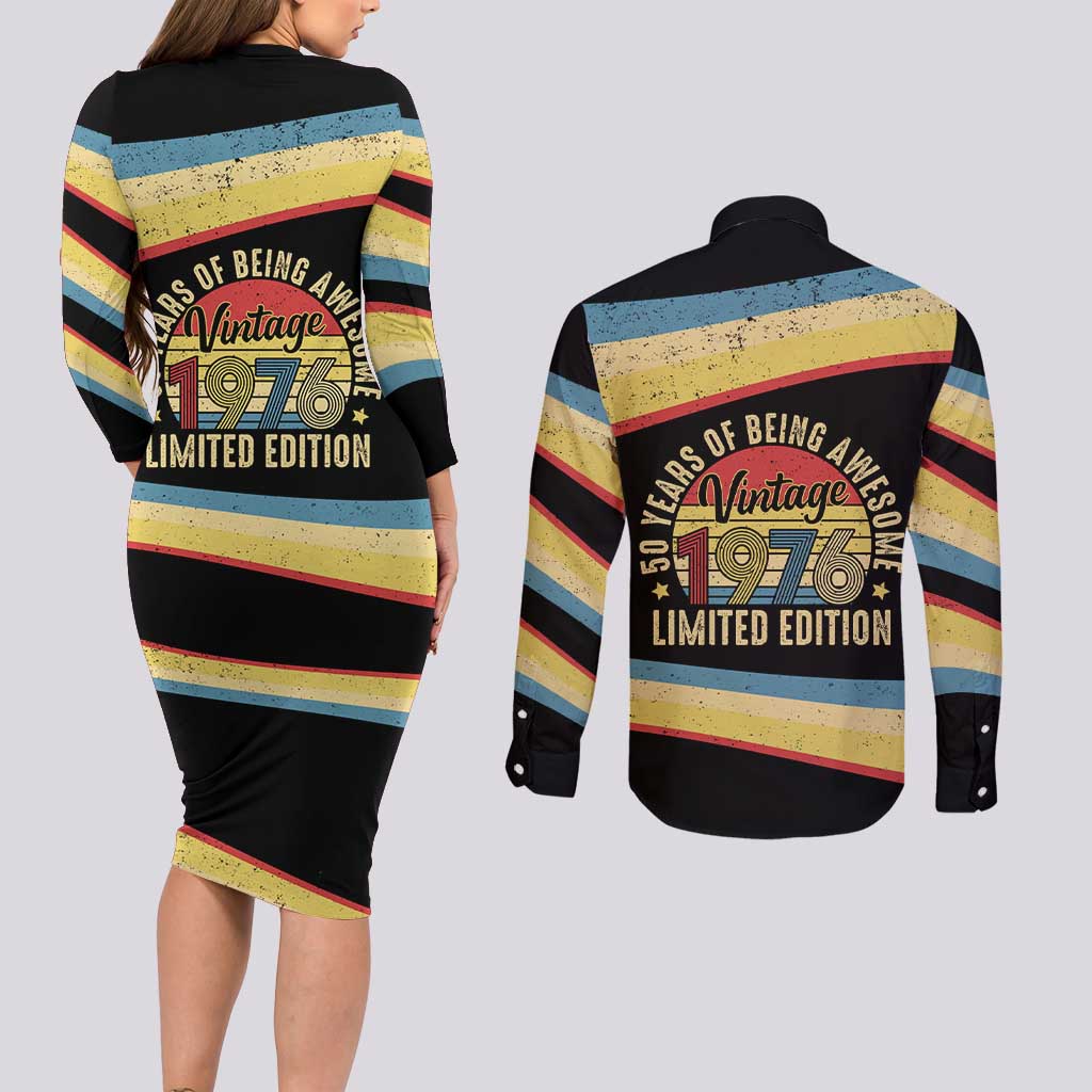 Vintage 1976 Birthday Celebration Couples Matching Long Sleeve Bodycon Dress and Long Sleeve Button Shirt 50th Birthday for Him - Retro Distressed Stripe Pattern