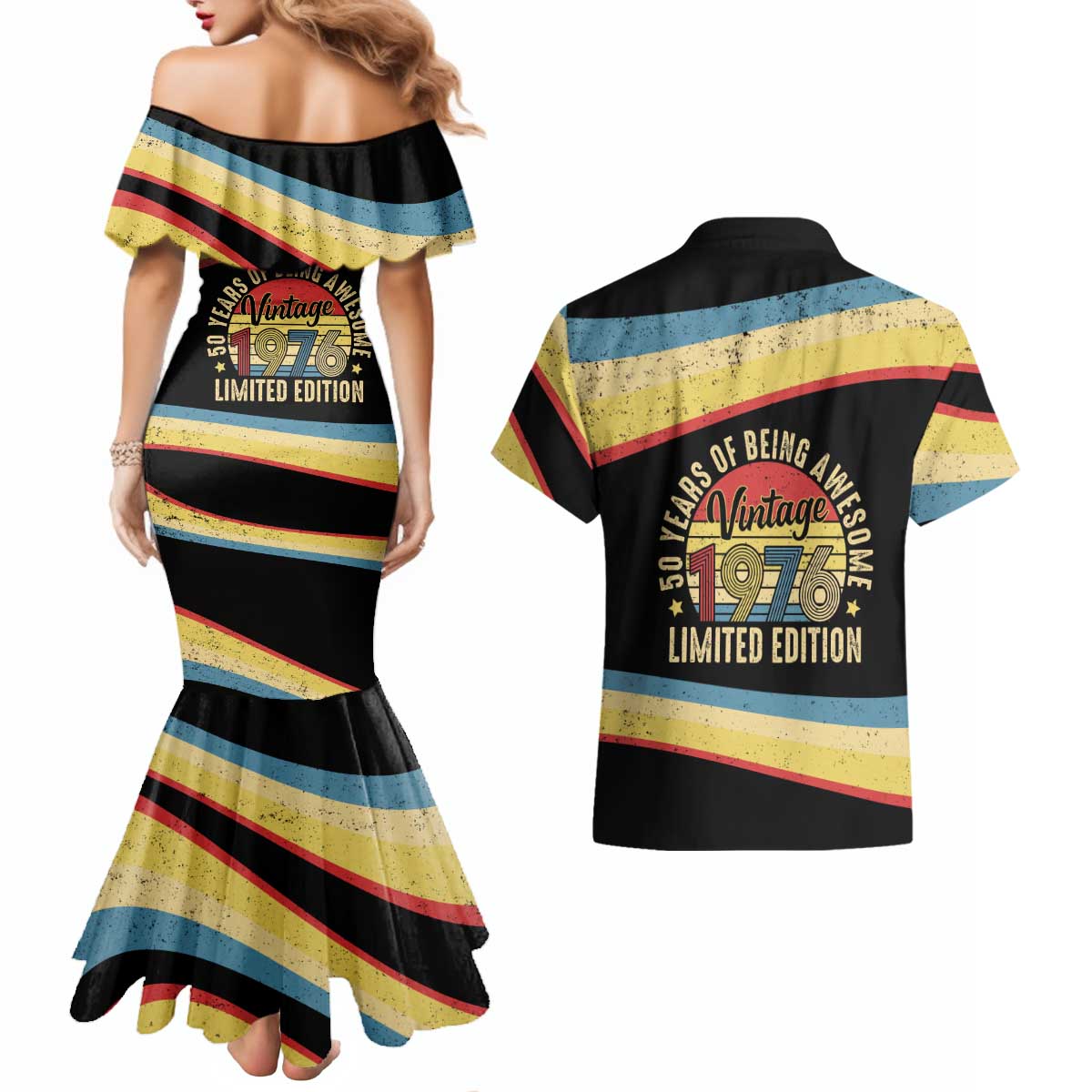 Vintage 1976 Birthday Celebration Couples Matching Mermaid Dress and Hawaiian Shirt 50th Birthday for Him - Retro Distressed Stripe Pattern