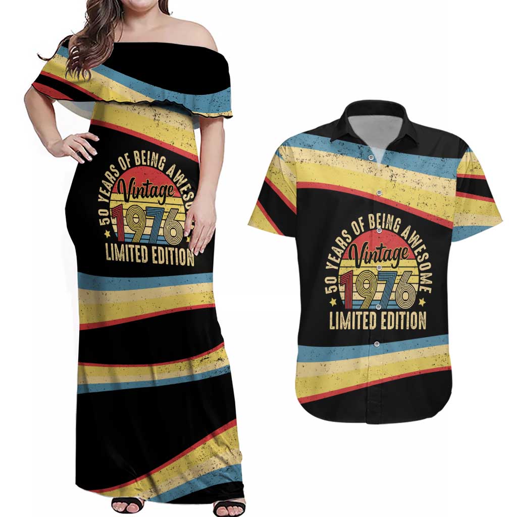 Vintage 1976 Birthday Celebration Couples Matching Off Shoulder Maxi Dress and Hawaiian Shirt 50th Birthday for Him - Retro Distressed Stripe Pattern