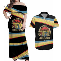 Vintage 1976 Birthday Celebration Couples Matching Off Shoulder Maxi Dress and Hawaiian Shirt 50th Birthday for Him - Retro Distressed Stripe Pattern